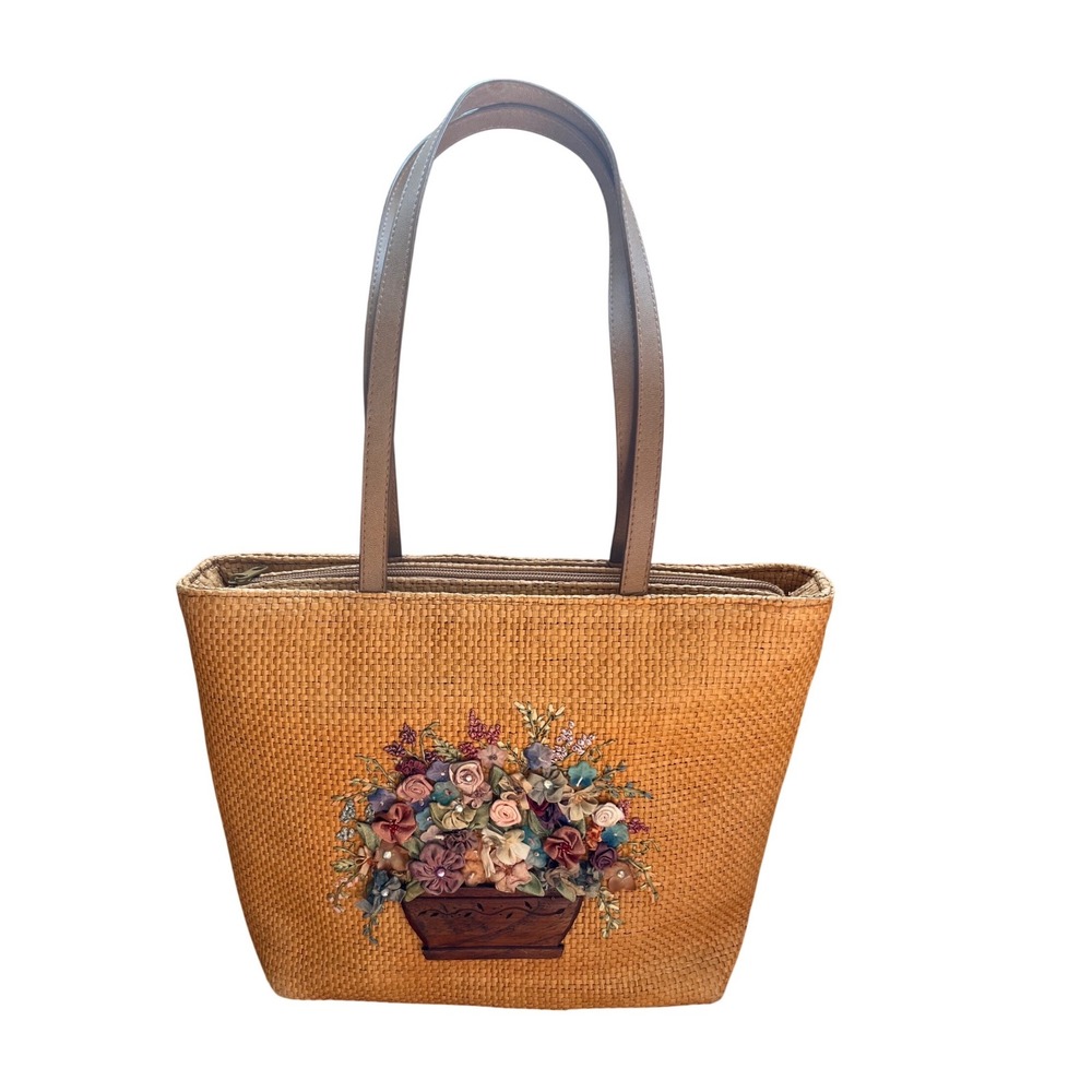 Cappelli Straworld Woven Straw Tote Bag 3D Ribbon Floral Basket Tan Shoulder Bag